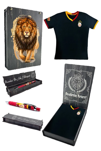 Galatasaray Orijinal 5 Yıldızlı Siyah Basic Çocuk T-shirt + Uçlu Kalem Set Hediyelik Ahşap Kutulu