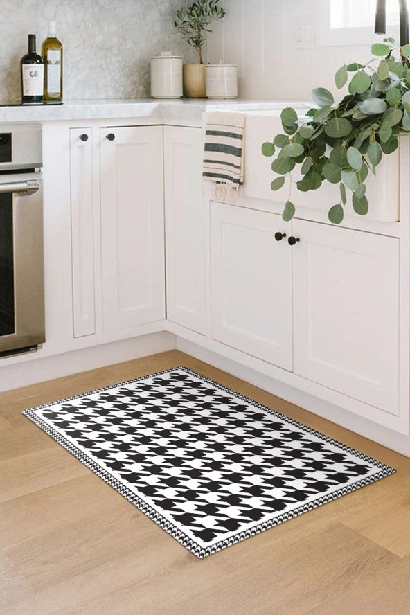 Karnaval Siyah Beyaz Kazayağı Desenli Mutfak Halısı - Resim 2