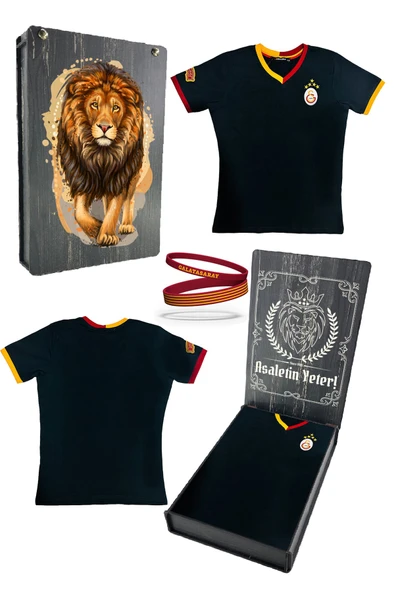 Galatasaray Orijinal Lisanslı 5 Yıldızlı Siyah Basic Çocuk T-shirt + Bileklik Set Hediyel Ahşap Kutu