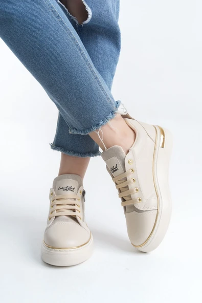 DINA Bağcıklı Fermuarlı Ortopedik Taban Kadın Sneaker Spor Ayakkabı  CKT - Krem/Altın - 3