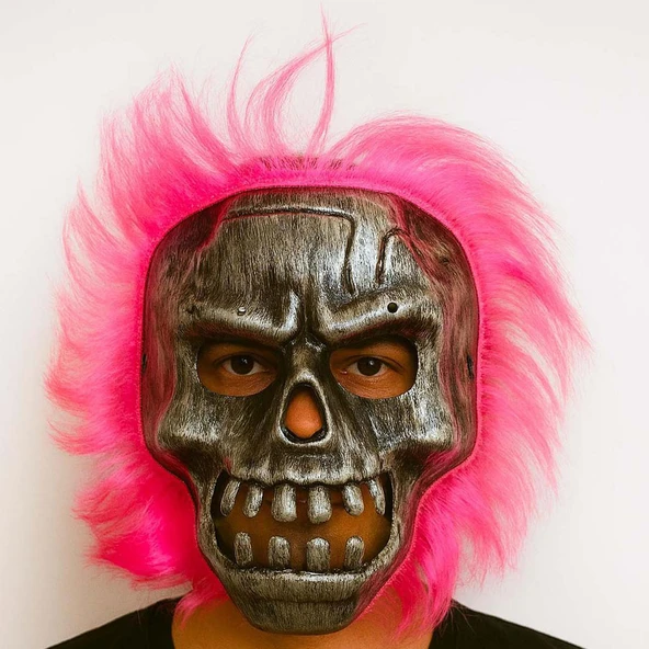Wild Skull - Gümüş Kafatası Pembe Saçlı İskelet Maske ürün görseli