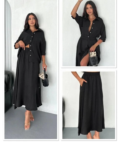 Kadın Keten Kumaş Gömlek Ve Etek Ikili Takim - 5