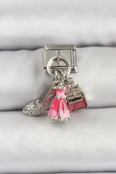 316L Çelik Gümüş Renk Pembe Elbise Kombini Model Nomination Charm - TJ-BC1502
