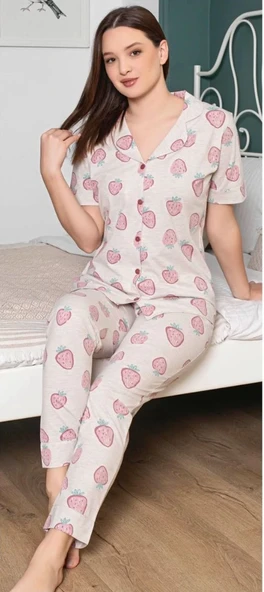 Alissa 6251 Kadın Çilek Desenli Patlı Pijama Takımı - 2