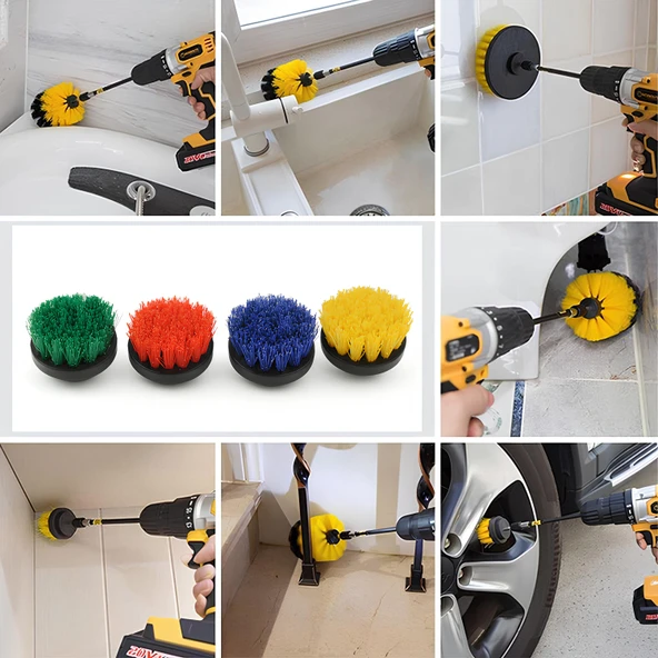 4'lü Çanak Tip Renkli Matkap Uyumlu Çok Amaçlı Temizlik Fırça Seti  Araç, Banyo, Derz, Jant, Fayans - Resim 2