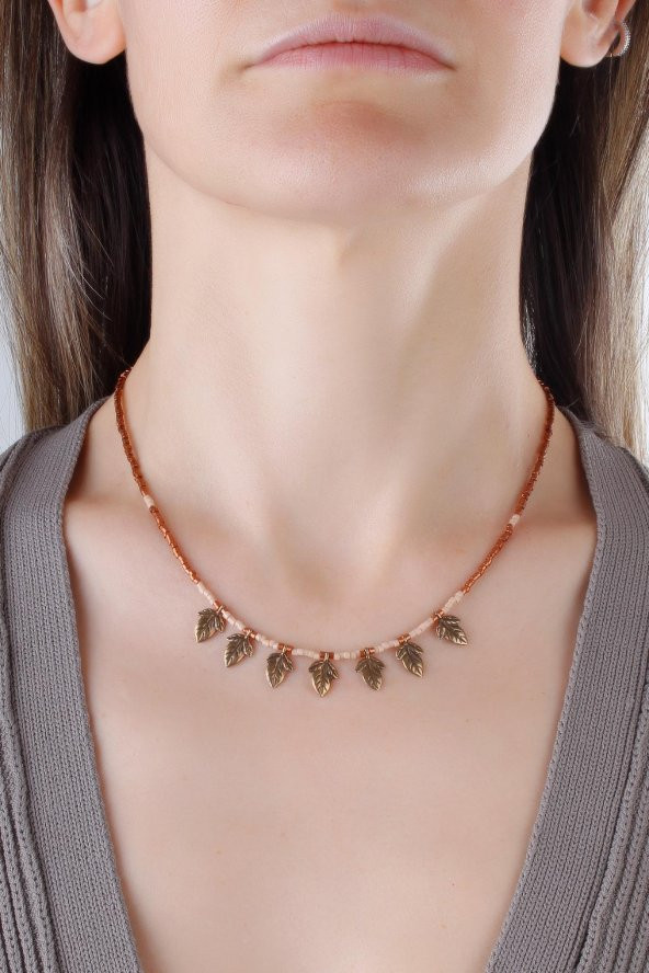 El Yapımı Kum Boncuklu Dore Renkli Yaprak Detaylı Etnik Kolye - Resim 2