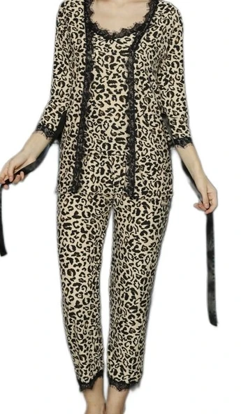 Leopar Şıklığıyla 3’lü Set Pamuklu Kadın Pijama Takımı - 3