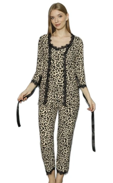 Leopar Şıklığıyla 3’lü Set Pamuklu Kadın Pijama Takımı - 2