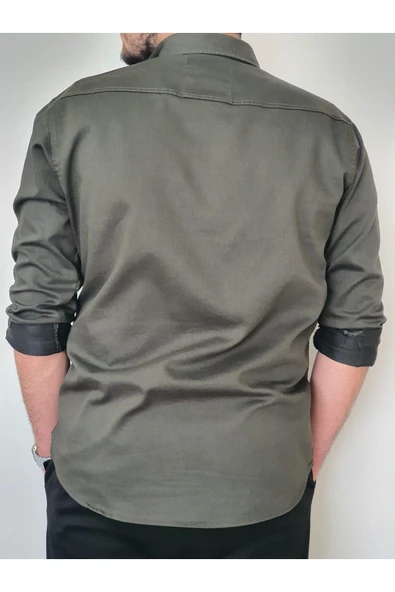 Tomiross Kıvanç Haki Erkek Rahat Esnek Slim Fit Kalıp Pamuklu Kot Gömlek KIVANC-1927 - 4