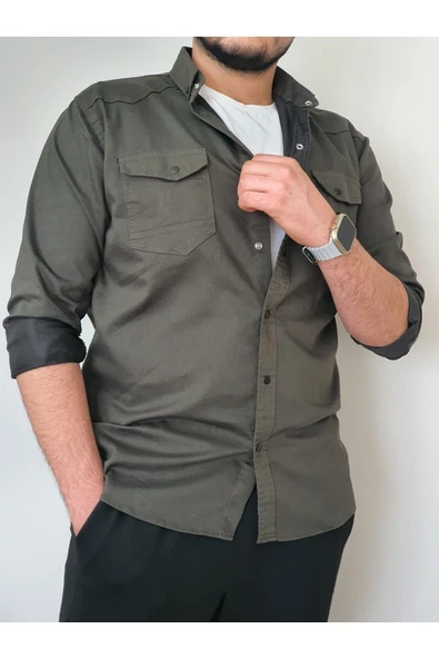Tomiross Kıvanç Haki Erkek Rahat Esnek Slim Fit Kalıp Pamuklu Kot Gömlek KIVANC-1927 - 3