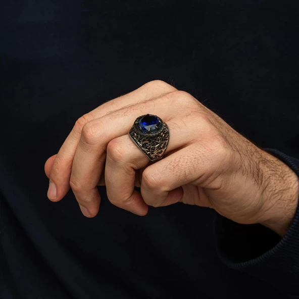 Yuvarlak Lacivert Taşlı 925 Erkek Gümüş Yüzük - Resim 6