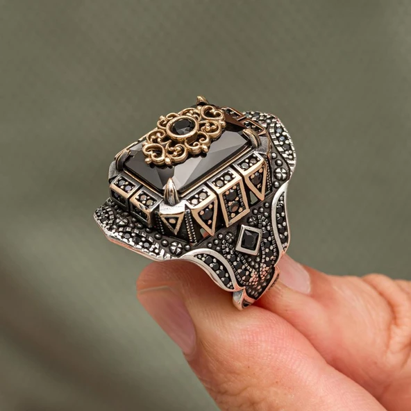 Siyah Taşlı Çiçek Motifli 925 Gümüş Yüzük Erkek - Resim 6
