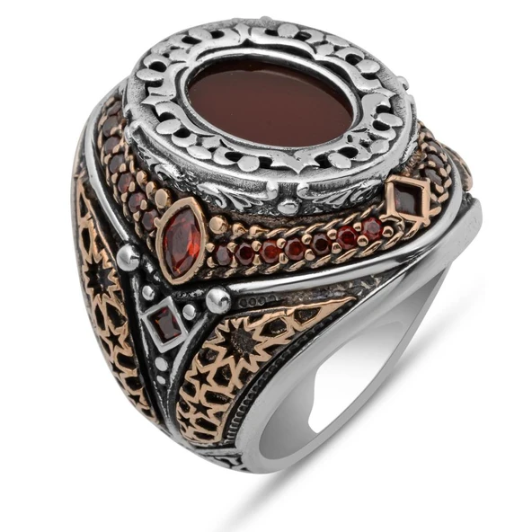 Oval Akik Taşlı 925 Gümüş Erkek Yüzük - Resim 2