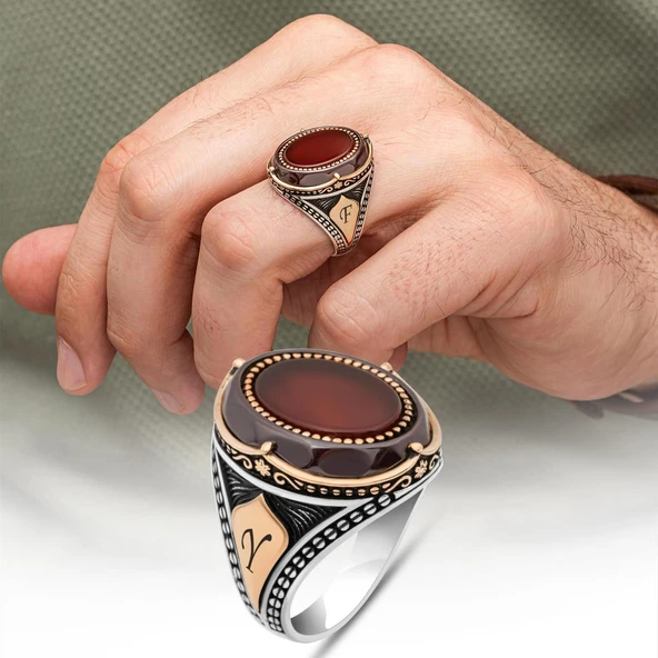 Oval Akik Taşlı Harfli 925 Gümüş Yüzük Erkek ürün görseli