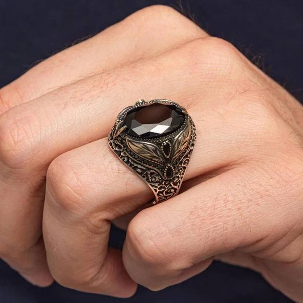 Oval Siyah Taşlı Yaprak Model 925 Erkek Gümüş Yüzük - Resim 5