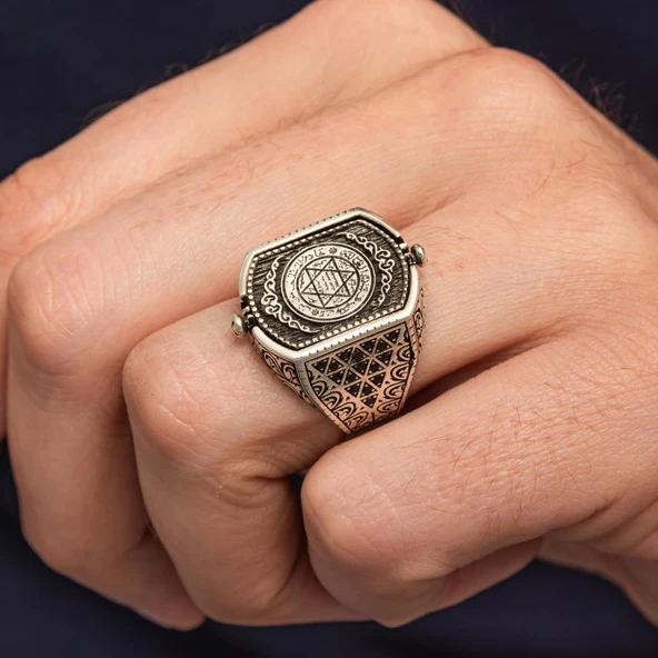 Hz. Süleyman Mührü Çift Taraflı 925 Erkek Gümüş Yüzük - Resim 9