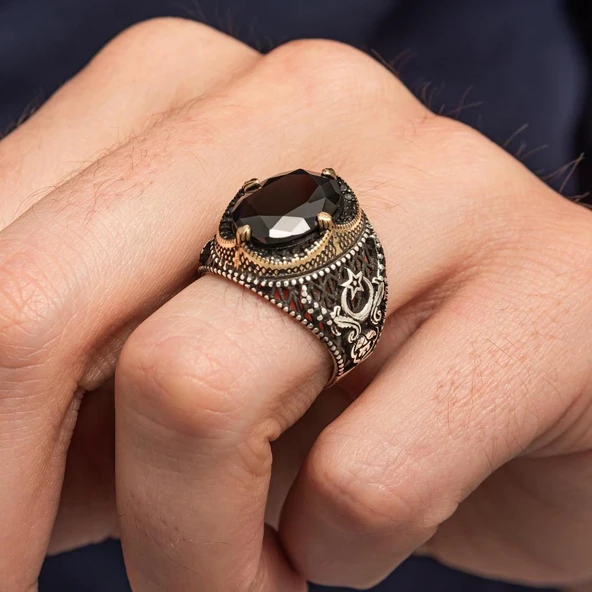 Ayyıldız Siyah Taşlı 925 Erkek Gümüş Yüzük - Resim 5
