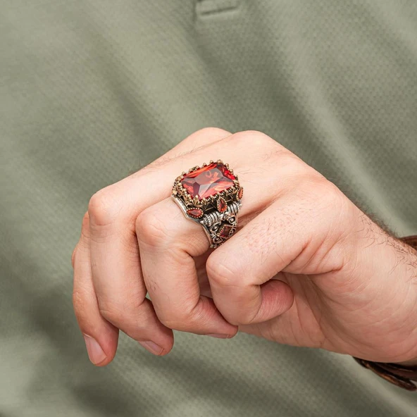 Kırmızı Taşlı 925 Erkek Gümüş Yüzük Erkek - 5