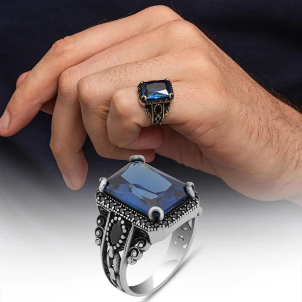 Lacivert Taşlı 925 Gümüş Serçe Parmak Erkek Yüzük ürün görseli
