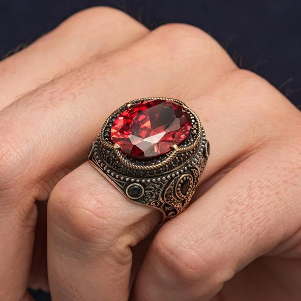 Oval Kırmızı Zirkon Taşlı 925 Erkek Gümüş Yüzük - Resim 7