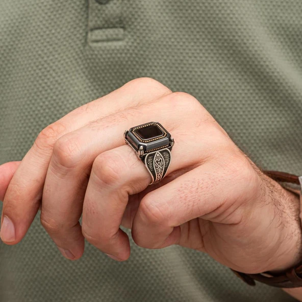 Kare Siyah Onix Taşlı 925 Gümüş Yüzük Erkek - Resim 5