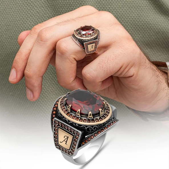 Kırmızı Taşlı Harfli 925 Gümüş Yüzük Erkek