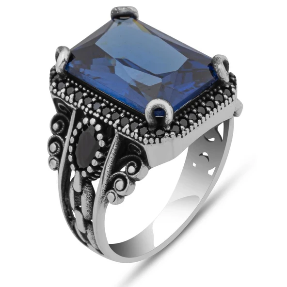 Lacivert Taşlı 925 Gümüş Serçe Parmak Erkek Yüzük - Resim 2