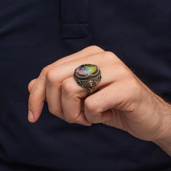 Çok Renkli Taşlı 925 Gümüş Yüzük Erkek - Resim 4