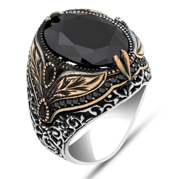 Oval Siyah Taşlı Yaprak Model 925 Erkek Gümüş Yüzük - Resim 2