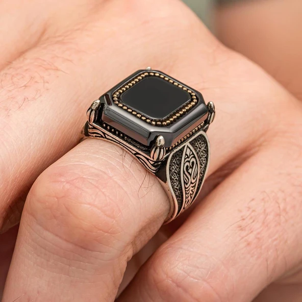 Kare Siyah Onix Taşlı 925 Gümüş Yüzük Erkek - Resim 6