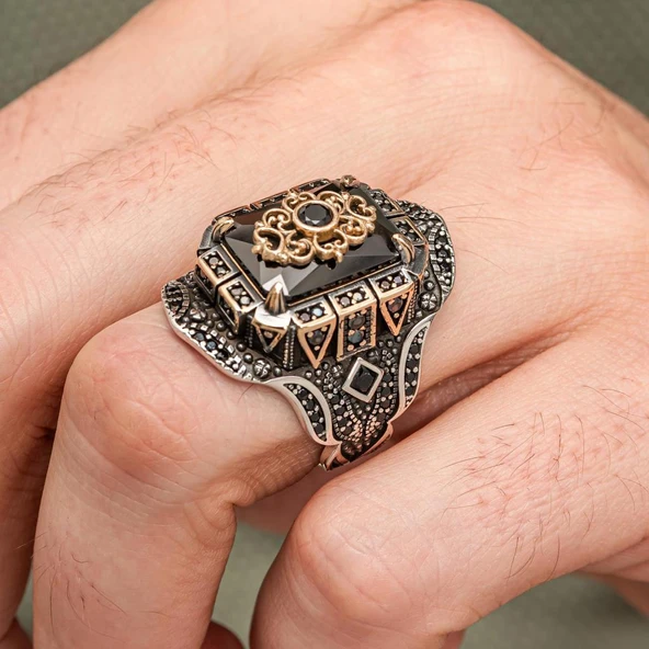 Siyah Taşlı Çiçek Motifli 925 Gümüş Yüzük Erkek - Resim 3