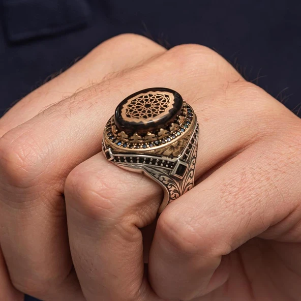 Sıkma Kehribar Taşlı 925 Erkek Gümüş Yüzük - 5