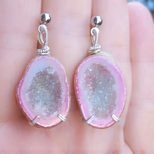 2069 Açık pembe druzeli kristal Jeod el yapımı küpe - 3