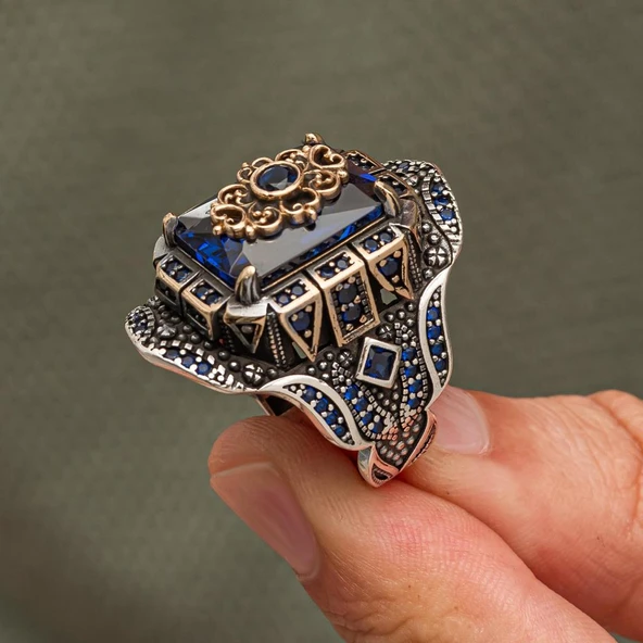 Lacivert Taşlı Çiçek Motifli 925 Gümüş Yüzük Erkek - 4