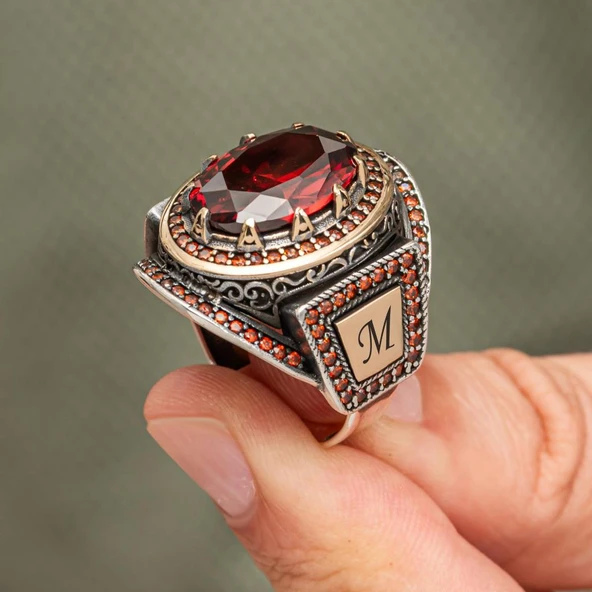 Kırmızı Taşlı Harfli 925 Gümüş Yüzük Erkek - 4