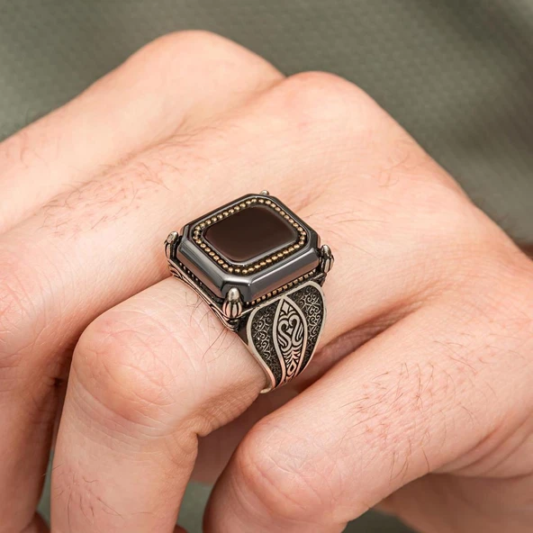 Kare Siyah Onix Taşlı 925 Gümüş Yüzük Erkek - Resim 4