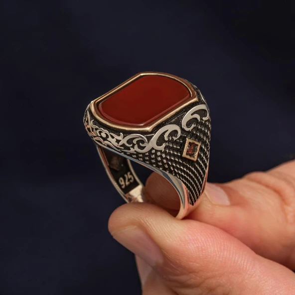Akik Taşlı 925 Erkek Gümüş Yüzük Erkek - Resim 5