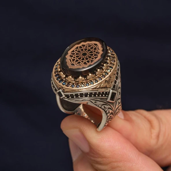 Sıkma Kehribar Taşlı 925 Erkek Gümüş Yüzük - 3