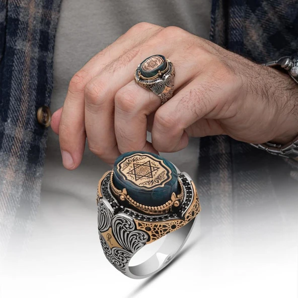 Mührü Süleyman İşeme Mavi Taşlı 925 Gümüş Erkek Yüzük ürün görseli