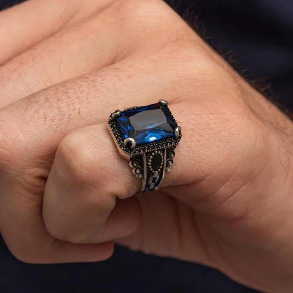 Lacivert Taşlı 925 Gümüş Serçe Parmak Erkek Yüzük - Resim 4