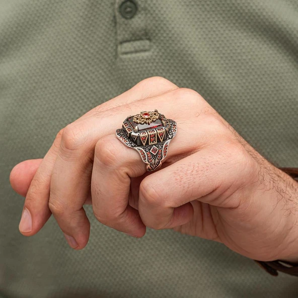 Kırmızı Taşlı Çiçek Motifli 925 Gümüş Yüzük Erkek - Resim 4