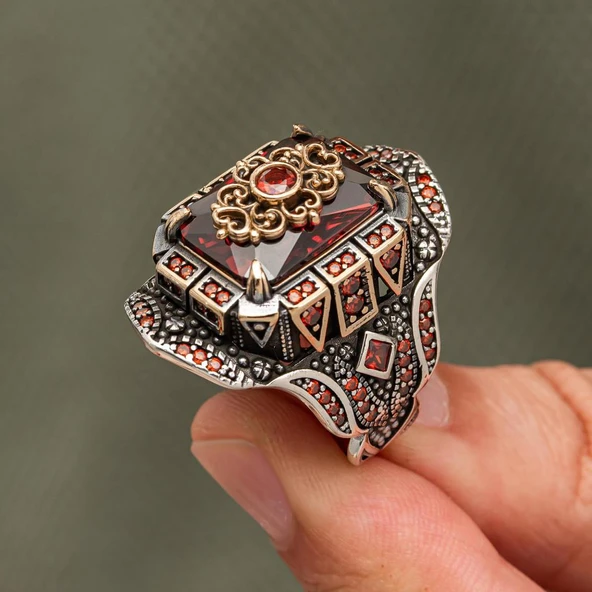 Kırmızı Taşlı Çiçek Motifli 925 Gümüş Yüzük Erkek - Resim 6