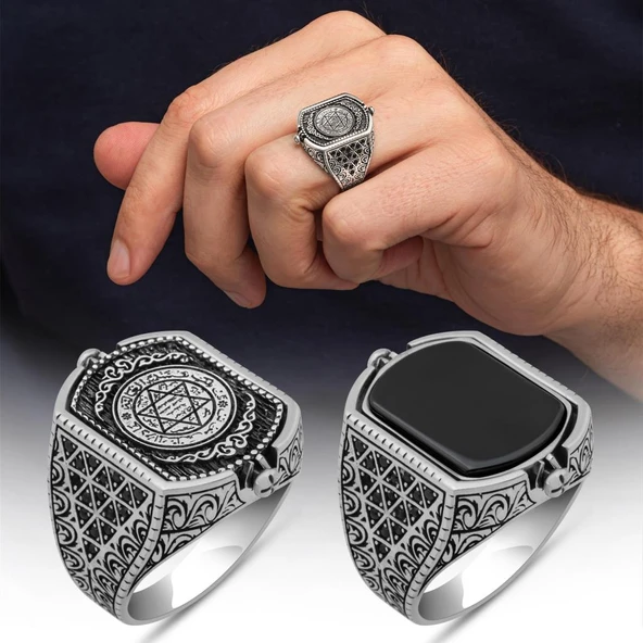 Hz. Süleyman Mührü Çift Taraflı 925 Erkek Gümüş Yüzük ürün görseli