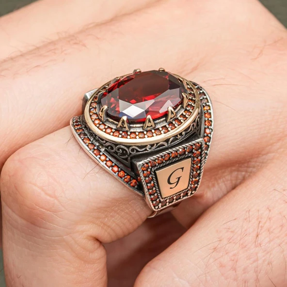 Kırmızı Taşlı Harfli 925 Gümüş Yüzük Erkek - 3