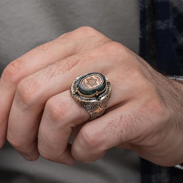 Mührü Süleyman İşeme Mavi Taşlı 925 Gümüş Erkek Yüzük - Resim 13