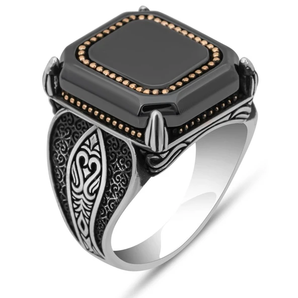 Kare Siyah Onix Taşlı 925 Gümüş Yüzük Erkek - Resim 2