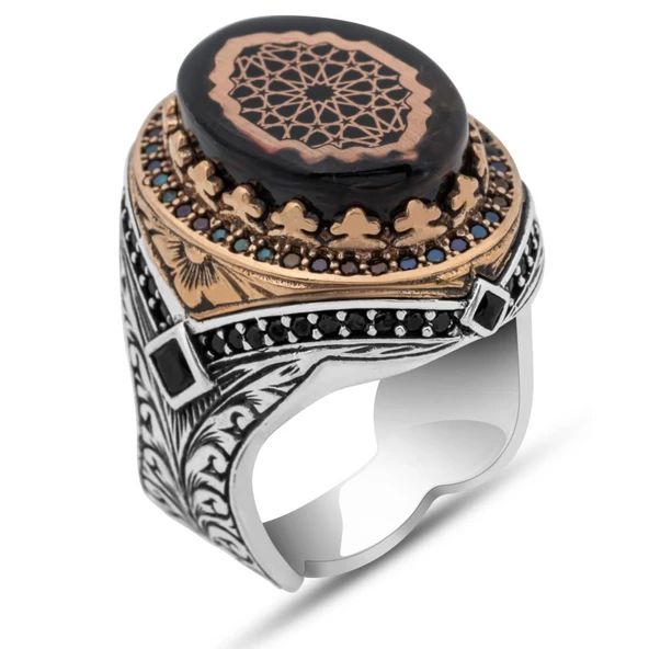 Sıkma Kehribar Taşlı 925 Erkek Gümüş Yüzük - 2