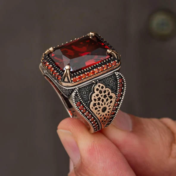 Kırmızı Zirkon Taşlı 925 Gümüş Yüzük Erkek - Resim 4