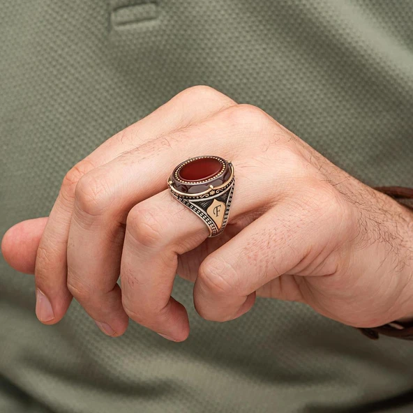 Oval Akik Taşlı Harfli 925 Gümüş Yüzük Erkek - Resim 6