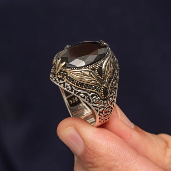 Oval Siyah Taşlı Yaprak Model 925 Erkek Gümüş Yüzük - Resim 3